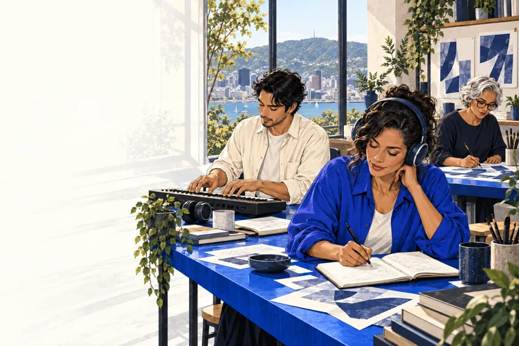 People writing and creating together in a studio overlooking Wellington harbour